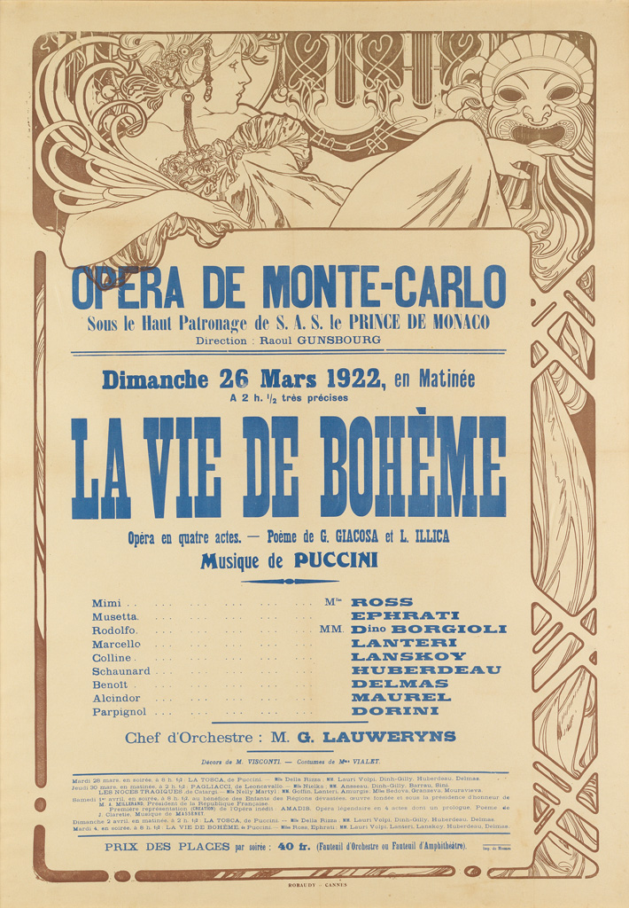 ALPHONSE MUCHA (1860-1939). OPERA DE MONTE - CARLO / LA VIE DE BOHÈME. 1922. 47x32 inches, 119x83 cm. Robaudy, Cannes.
